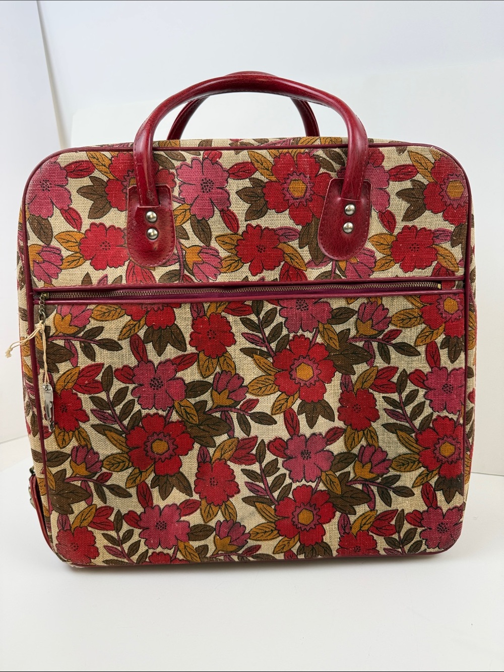 Vintage 1960s Women's Burgundy Floral Travel Carry Case with Top Handle